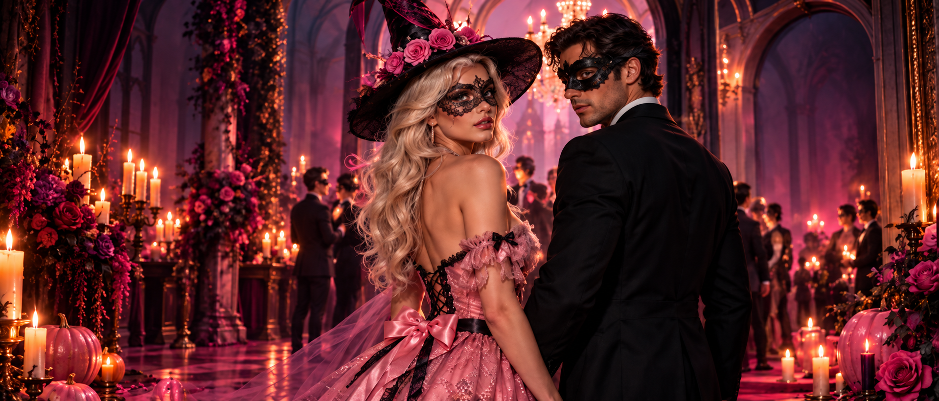 A masked couple at a candlelit Halloween masquerade
